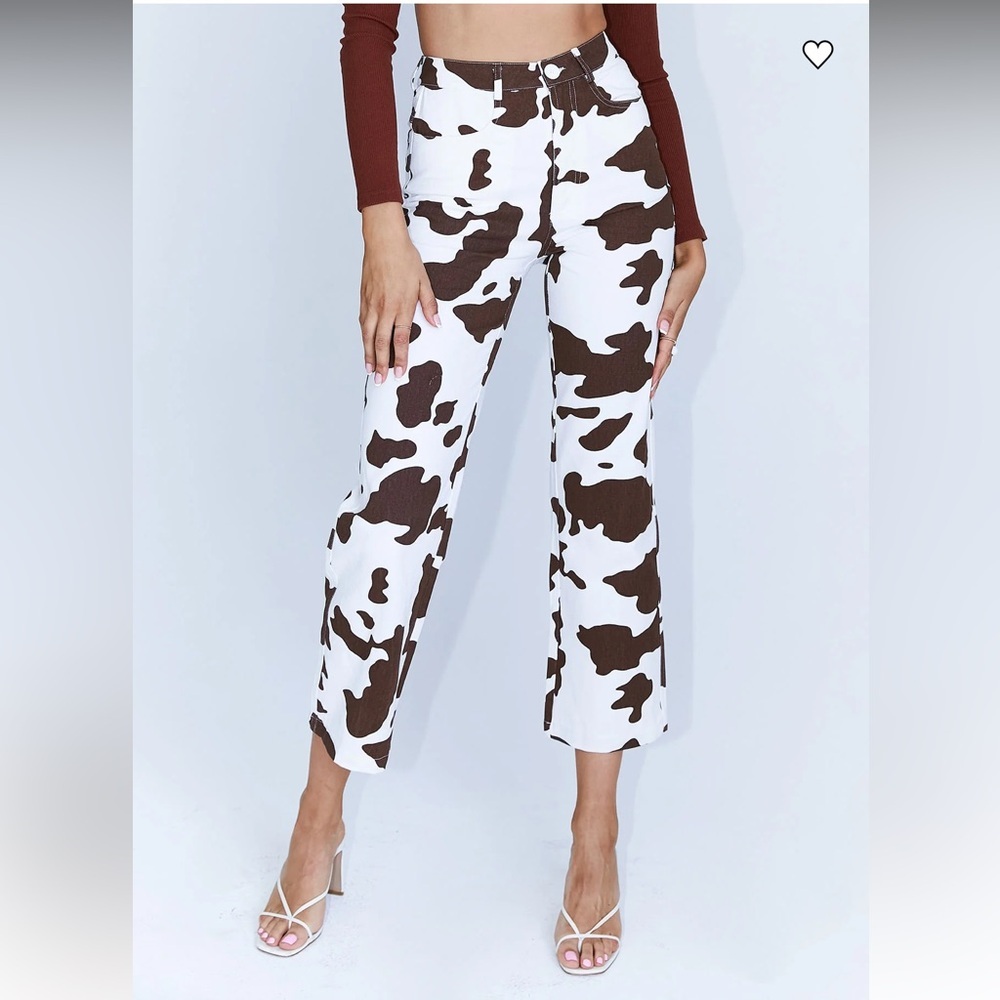 Princess Polly Be Wild Pants White and Brown Cow Print Size 2